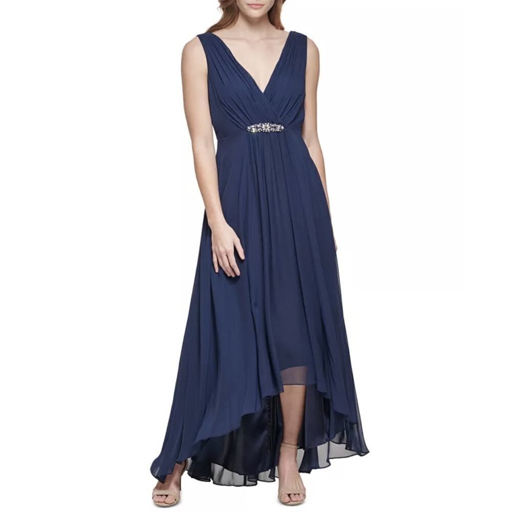 NWT Eliza J Embellished Waist High/Low Chiffon Dress in Navy Sz. 8